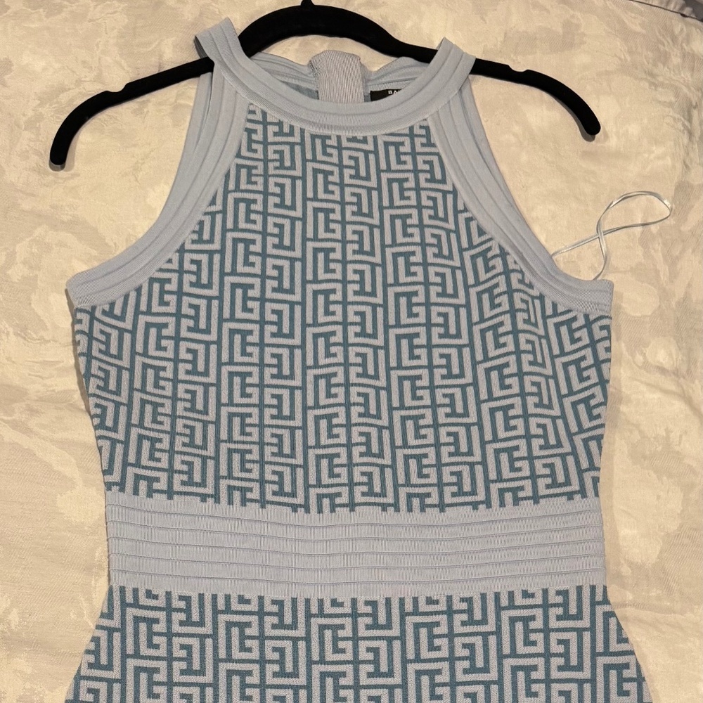 Balmain Blue Monogram Knit Fitted Mini Dress